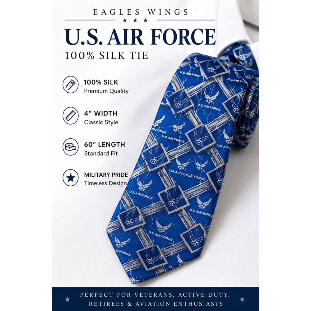 U.S. Air Force Eagles Wings 100% Silk Tie Blue Military Aviation Necktie
